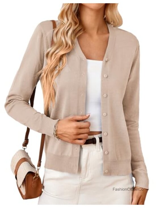 Sweaters - Lightweight Button Up V Neck Cardigan Long Sleeve Knit Shrug
